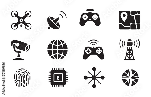 Drone navigation and remote control technology icons set on transparent background for web design.