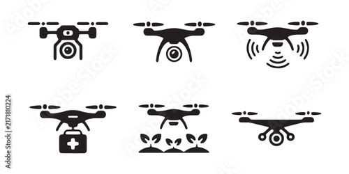 Black drone icons for smart farming with camera, remote sensing, and package delivery.