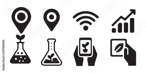 Black icons for agricultural technology featuring location pins, plants, wifi, and charts.