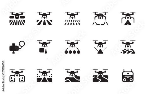 Collection of black drone icons depicting various agricultural tasks and farm monitoring.
