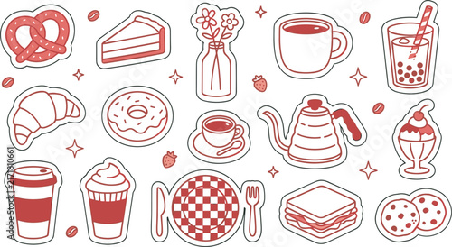 Cafe sticker vector icon set with coffee pastry sandwich boba tea and donut line illustrations