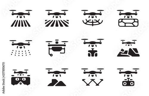 Drone icons for agriculture and industrial uses showing spraying, mapping, and surveillance applications.