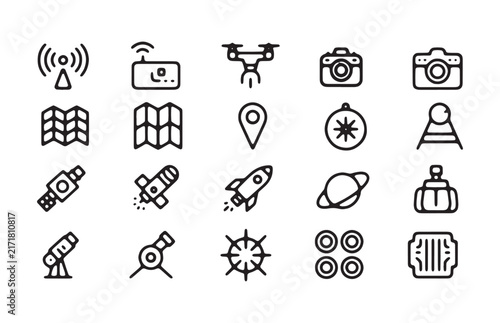 Navigation and travel icons including maps, GPS, compass, and space exploration elements.