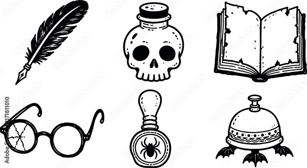 Naklejka premium Halloween witchcraft clip art collection with skull potion bottle book feather glasses and bell ink illustration