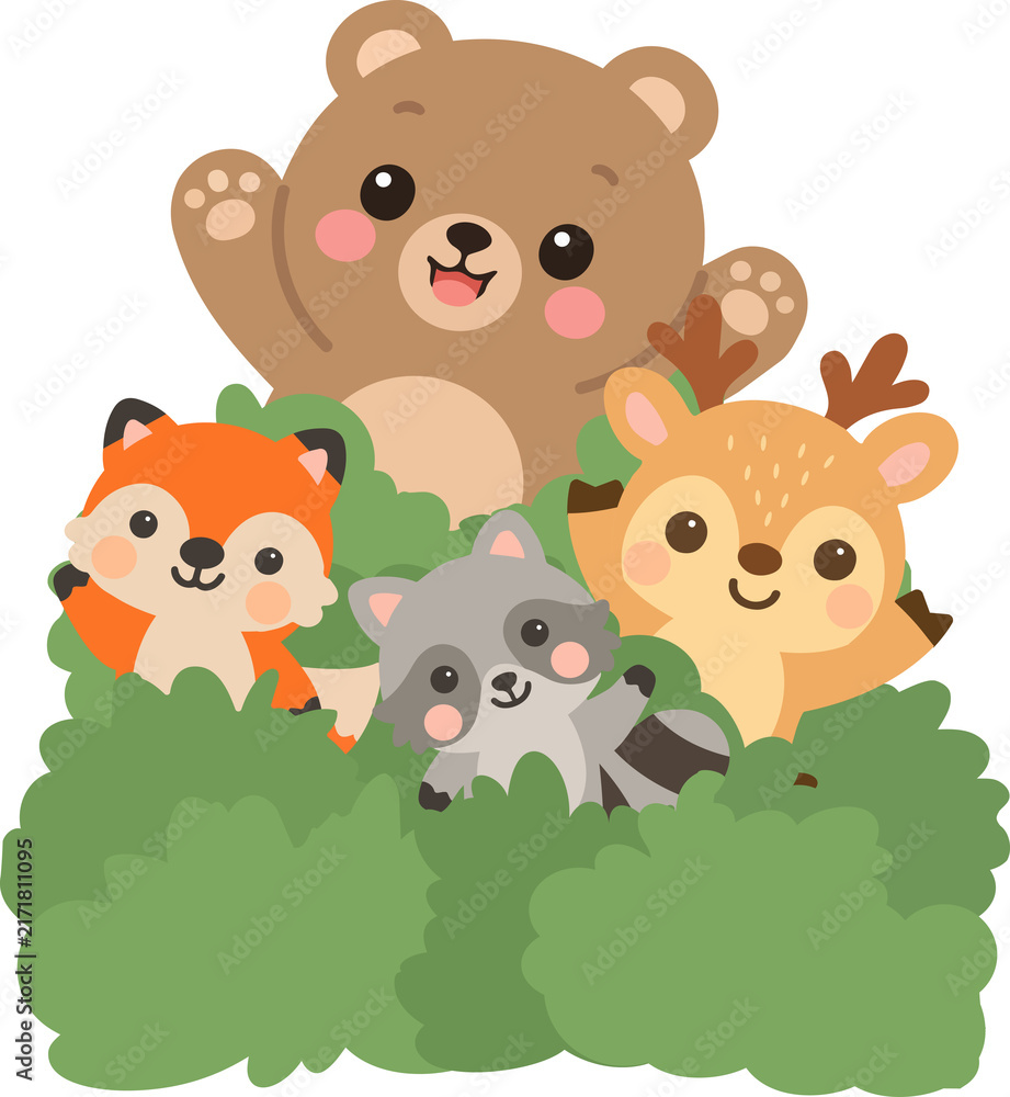 Naklejka premium Friendly woodland animals peeking from green bushes