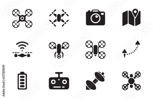 Drone technology and photography icons including camera, map, battery, and remote control.