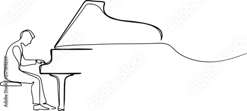 Continuous one line of a pianist playing a grand piano