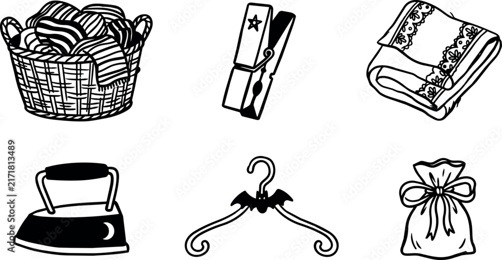 Fototapeta premium Hand drawn laundry care collection with basket iron clothespin hanger and pouch