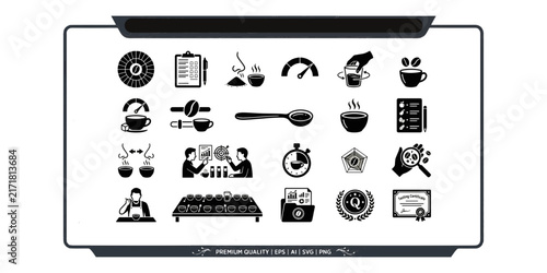 Coffee Tasting Quality Control and Cupping Process Vector Icon Set for Café and Barista Workflow