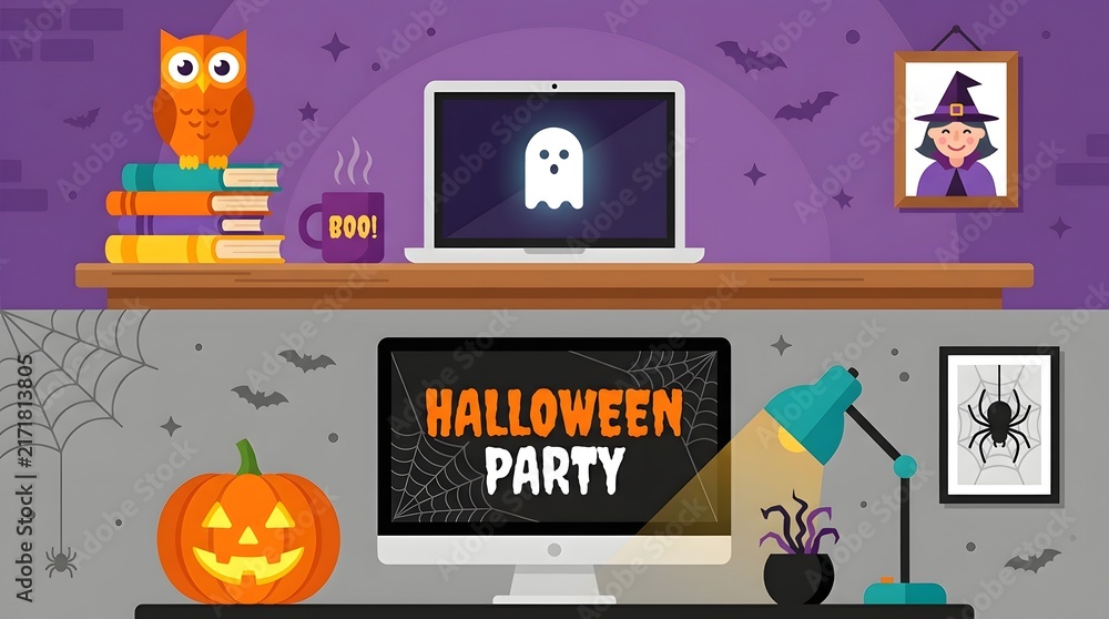 Naklejka premium Halloween Party Workspace with Owl, Pumpkin, and Spooky Decorations