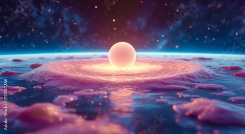 Glowing orb floats above a cosmic ocean