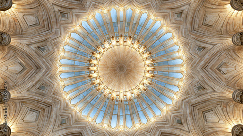 Ornate Architectural Ceiling With Circular Design And Elegant Chandelier Illumination