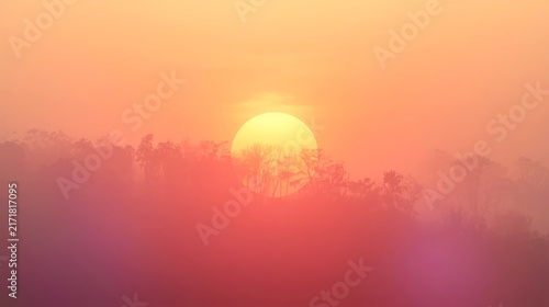Golden sun meets blue moon above misty hills