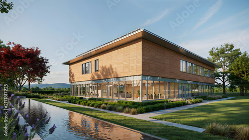 Modern Wooden Office Building With Glass Walls and Reflecting Pond in Landscaped Garden