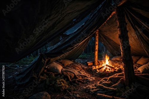 Cozy Campfire Glow Inside Open Tent at Night