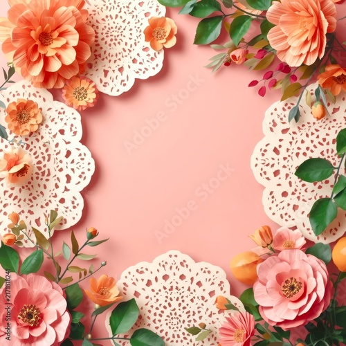 Colorful paper flowers frame a clean, white space