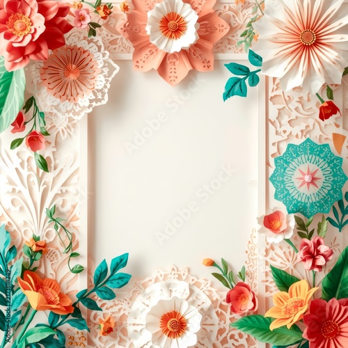 Colorful paper flowers frame a clean, white space