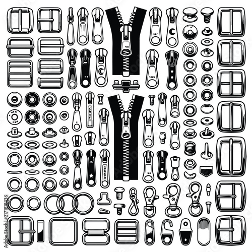Fashion fasteners collection including zippers and belt buckles with bag buckles