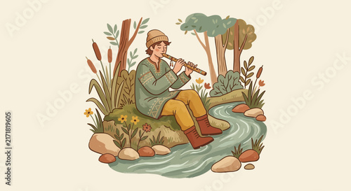 Person playing flute by forest stream, nature, outdoors