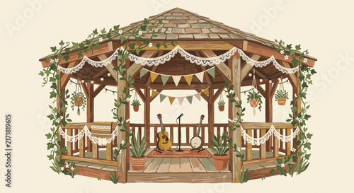 Outdoor wooden gazebo with musical instruments, decorated for a celebration