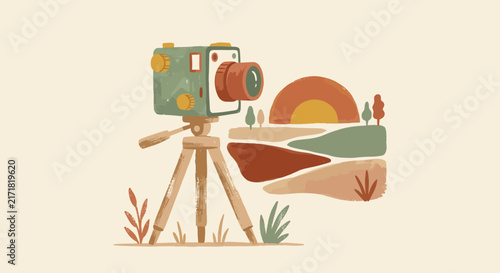 Retro camera on tripod, landscape illustration, vintage aesthetic