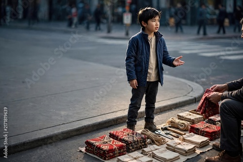 Young boy examining scattered gifts on an urban sidewalk