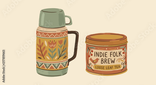 Retro thermos and tea tin with folk art patterns and 