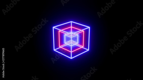 Nested blue, pink, and purple wireframe cubes glow against a black background, creating a symmetrical geometric form with futuristic digital depth