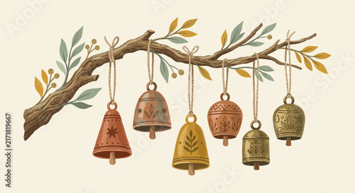 Rustic bells hanging on a branch with autumn leaves