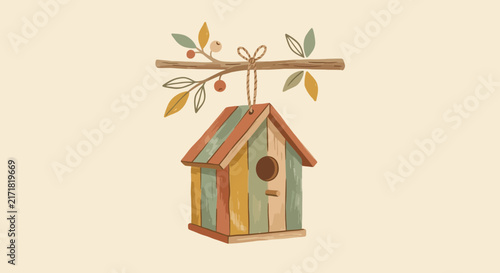 Rustic birdhouse hanging from tree branch, nature inspired.