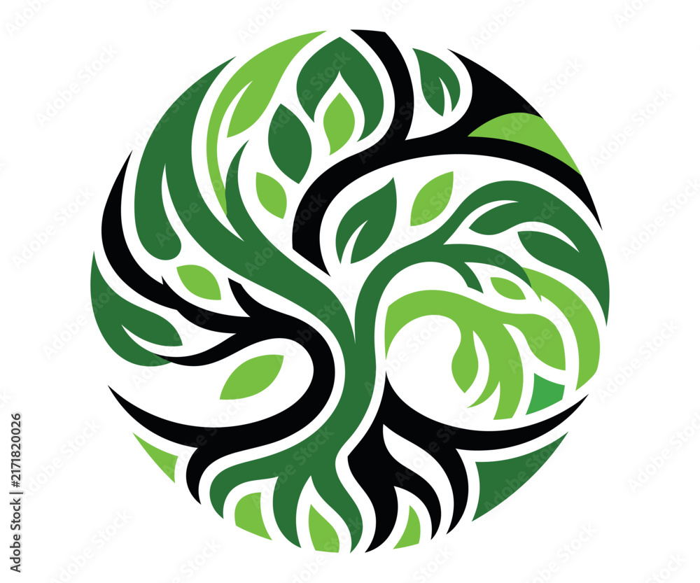 Fototapeta premium A stylized tree with green foliage and dark roots creates a circular ornamental design leaves ornament vector illustration graphic eco-friendly