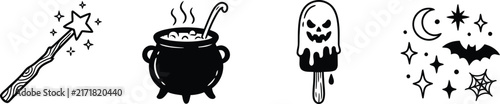 Spooky Halloween doodle icon set with magic wand.