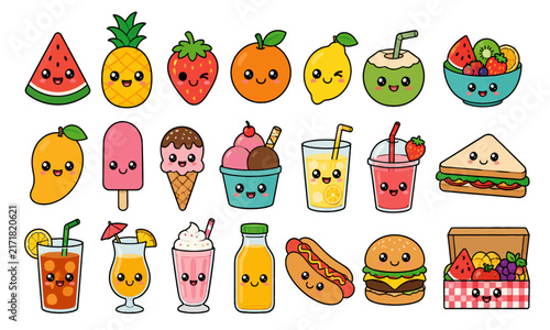 Cute Kawaii Summer Food and Drink Icon Set with Tropical Fruits, Desserts and Picnic Snacks