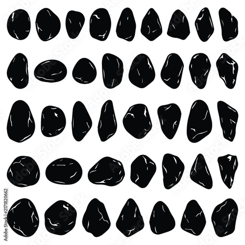 Black and white vector illustration set of smooth river stones and pebbles