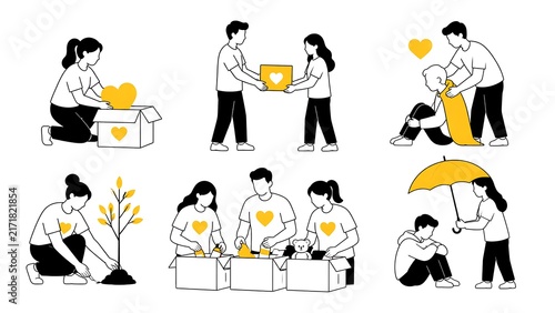 Minimalist, black-and-white characters with yellow donate, volunteer, care on white background.   