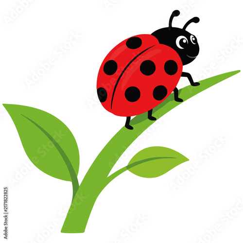 Cute Cartoon Ladybug on Green Plant Stem Illustration