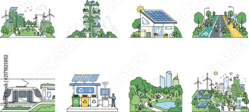 Green city technology and sustainable renewable energy illustration set