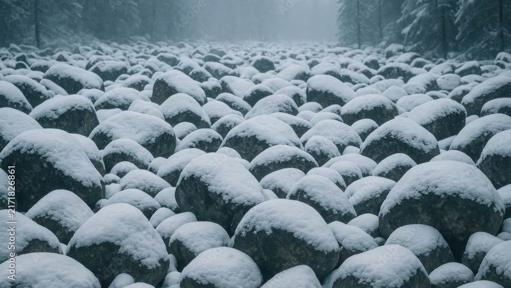 Obraz premium Snow-covered stones in forest desktop wallpaper