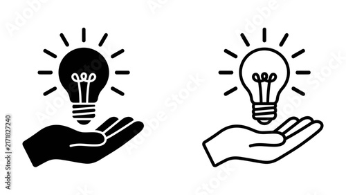 Foto Idea bulb on hand: Silhouette and outline graphic of a hand holding a glowing lightbulb, symbolizing innovation and a bright idea