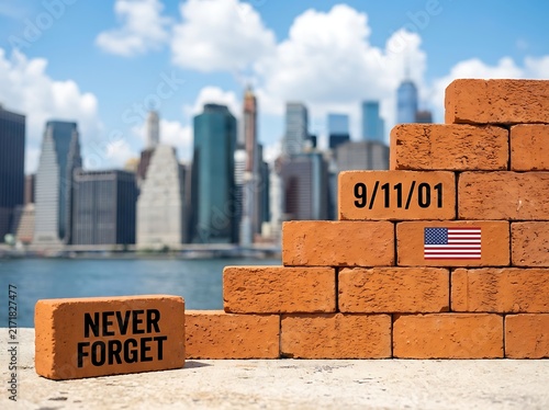 Never forget 9 11 01 text on brick wall with american flag and blurred new york city skyline and water for Patriot day commemoration.
