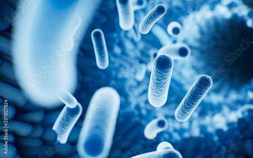 Microscopic probiotics bacteria for digestive health and treatment. 3d rendering.