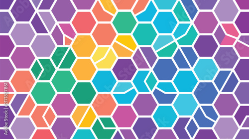 A vibrant mosaic of colorful hexagonal shapes creates a dazzling abstract background