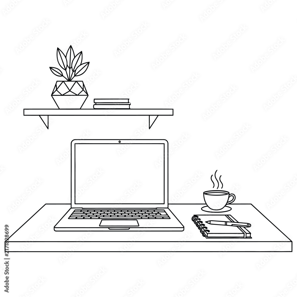 Fototapeta premium Workplace desk outline showing modern laptop coffee cup notebook and wall shelf with plant.