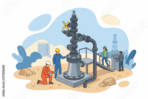 Workers Operating Oil Wellhead Christmas Tree in Petroleum Field
