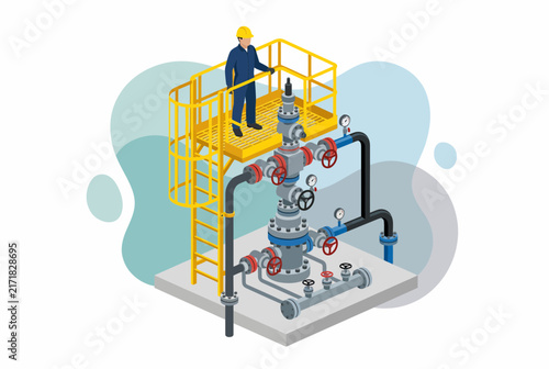 Isometric Oil Wellhead Christmas Tree with Technician
