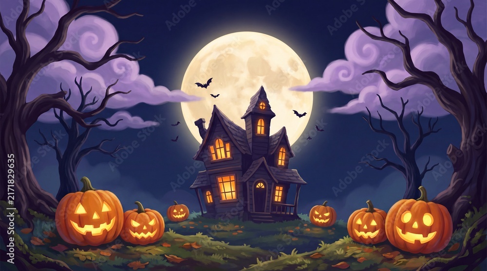 Fototapeta premium Old victorian haunted mansion surrounded by glowing pumpkins and gnarly trees under bright moonlight.