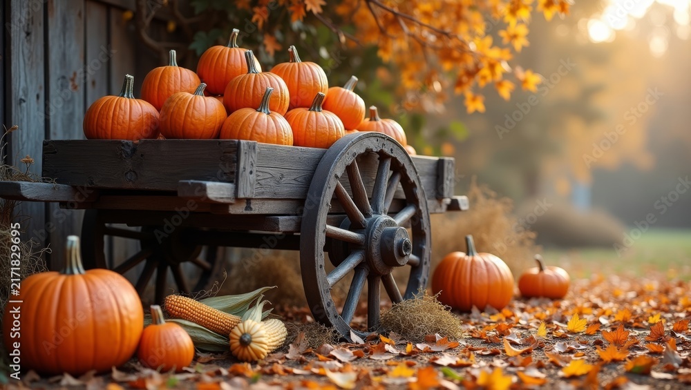 Obraz premium Harvested pumpkins stacked in a wooden cart with a wheel, surrounded by autumn leaves and decorative corn in a rustic outdoor setting