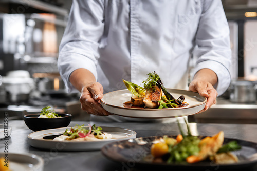 Professional chef holding a beautifully plated gourmet chicken dish with glazed vegetables and rich sauce inside a sleek, modern commercial kitchen during service hours.