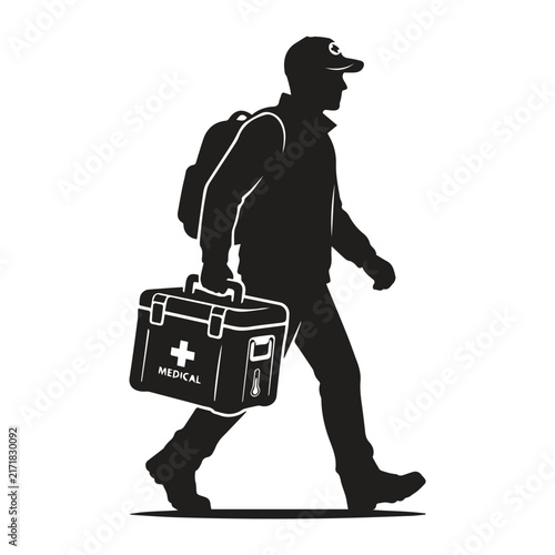 Medic walking with a first aid kit and backpack vector silhouette