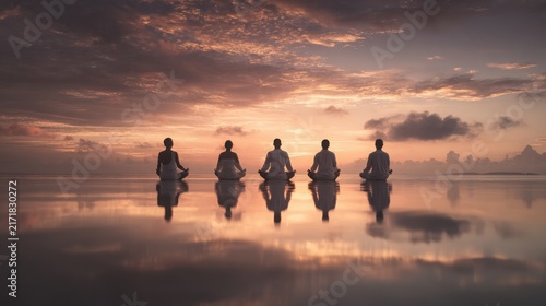 Meditation practitioners sit in a row during sunset, their silhouettes reflecting perfectly on the calm water surface under a dramatic sky.